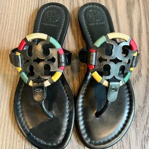 Tori Burch Miller sandals, black, red, green, yellow